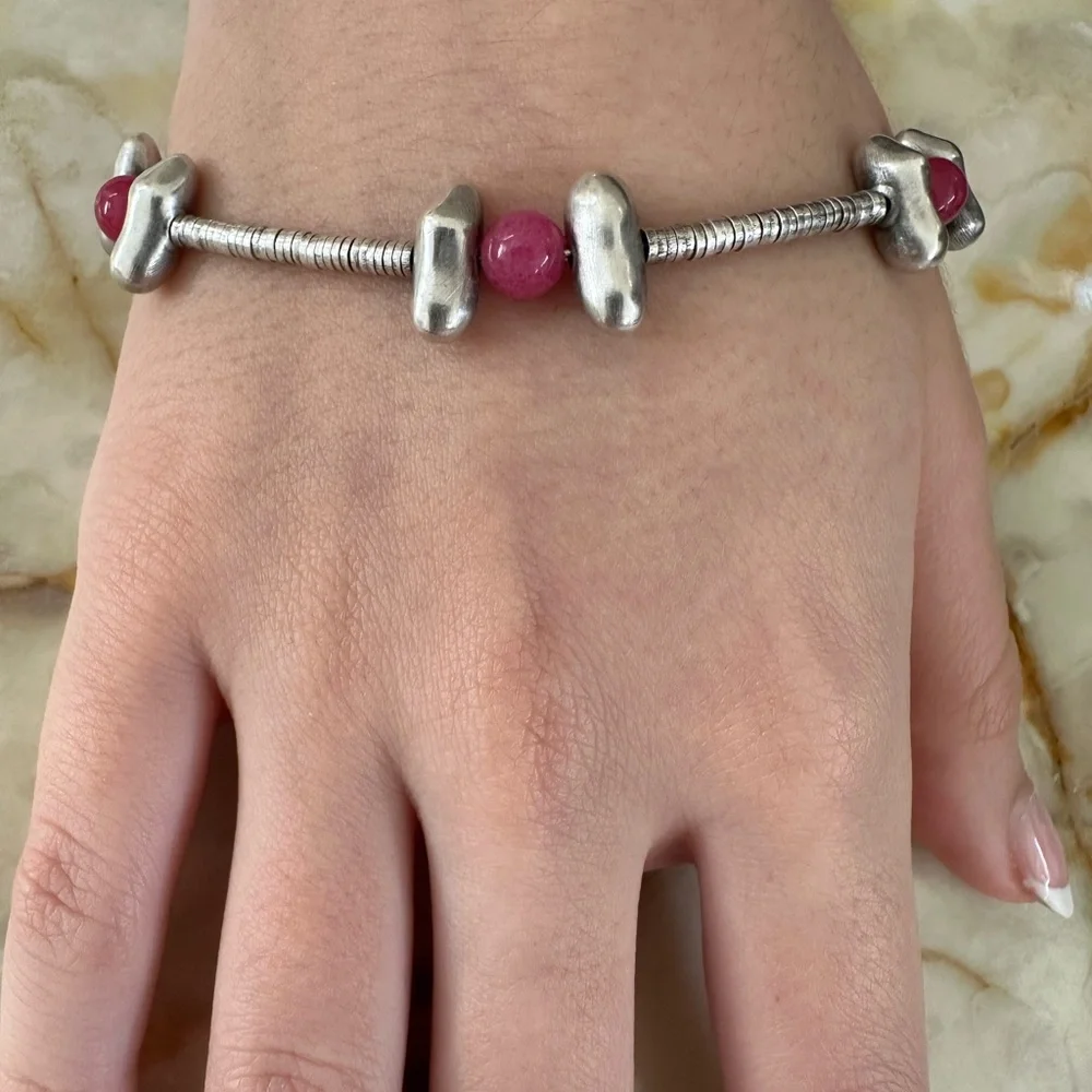 Silver and Pink Jade Bracelet​